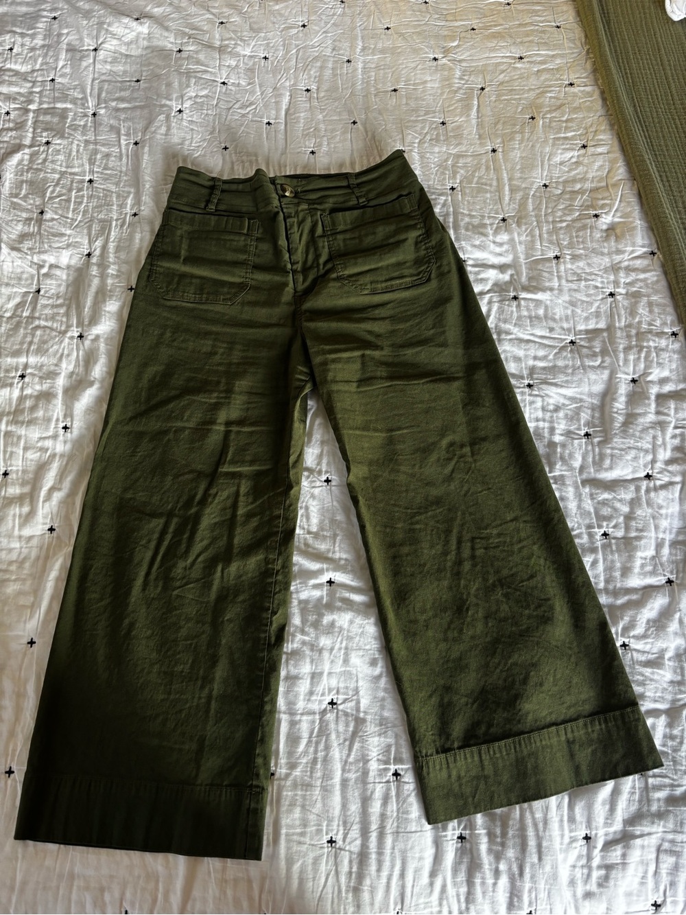 Maeve Colette Cropped wide-leg pants in Magic Fabric, olive green